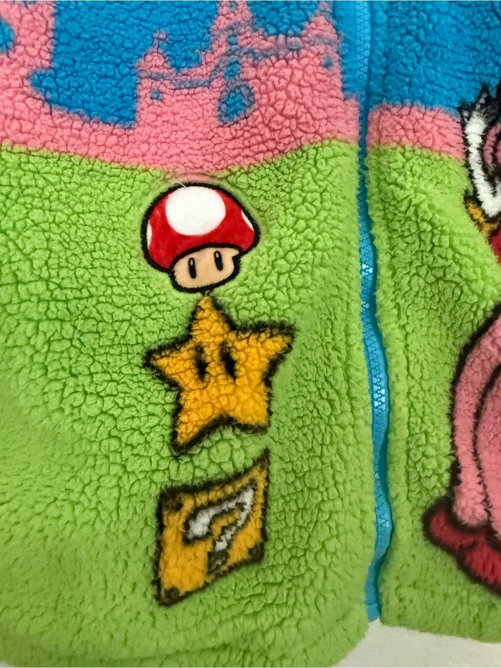Blue & Green Fuzzy Zip Hoodie with Pink Character Graphic